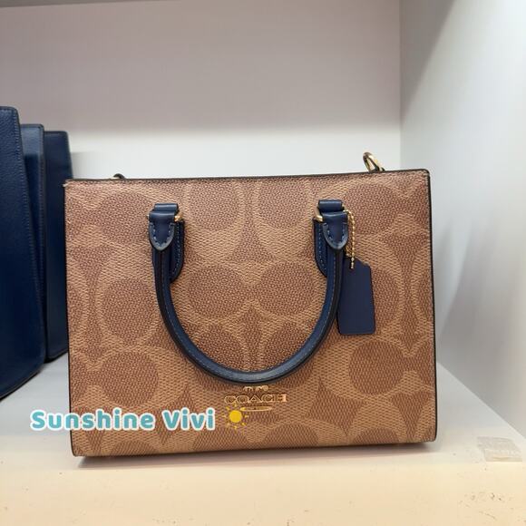 NWT Coach Maggie Small Tote Bag Signature Canvas CAL28 IMY3M Tan/Deep Blue